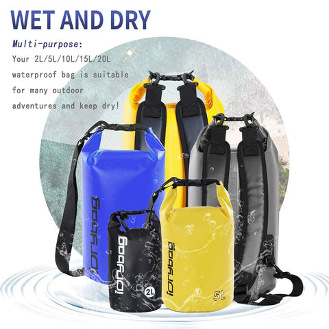 Totally Waterproof Dry Bag For Kayaking And Boating, various sizes and colors, shown with straps, designed for outdoor use