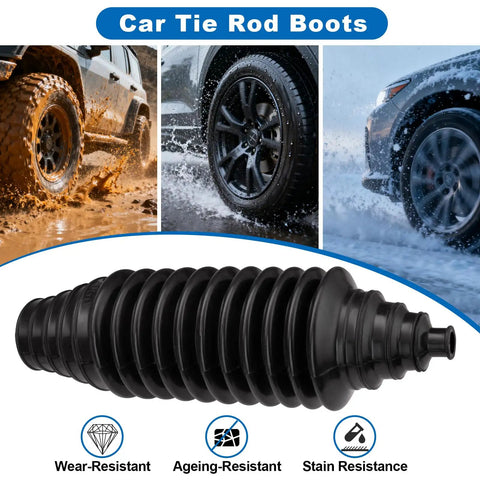 Universal Inner Tie Rod Boot Kit With Dustproof Silicone Rack And Pinion Boot in front of vehicle wheels in mud and snow.