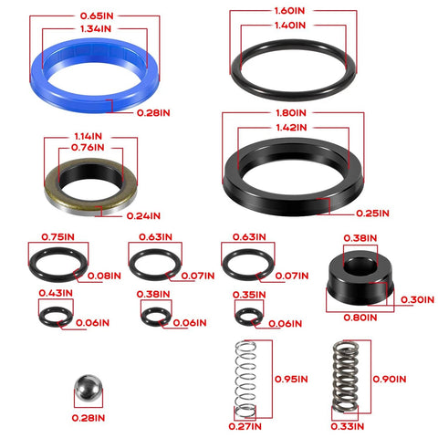 Pro Grade Complete Seal Replacement Kit For Pallet Mule AA5000 And AA5500 Hydraulic Jack showing various seal sizes