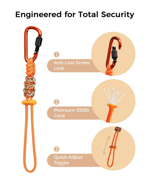 Tactical Paracord Gear Tether 2 Pack With Anti Loss Screw Lock Carabiner, Secure EDC Lanyard For Backpacks And Keys, Rugged Orange