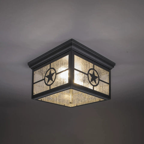 Country Star Square Two Light Farmhouse Ceiling Mount Fixture Outdoor Ready With Dusk To Dawn Photocell Open Bottom Damp Location Black