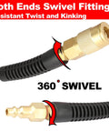 Premium Reinforced Polyurethane Air Hose For Air Compressors 1/4 Inch Diameter By 25 Feet Long showing 360° swivel fittings.