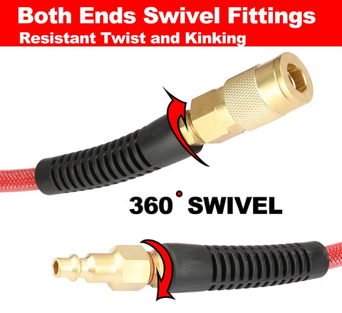 Premium Reinforced Polyurethane Air Hose For Air Compressors 1/4 Inch Diameter By 25 Feet Long showing 360° swivel fittings.