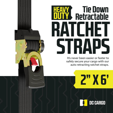 Auto Retractable Ratchet Straps 4 Pack 2 Inch By 6 Feet Heavy Duty Tie Downs With 4033 Lb Break Strength For Cargo Truck Trailer Boat Quick Release Button And Inner Webbing Storage