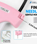 Plug And Play Tagging Machine For Clothing Merchants Loaded With Four Thousand Heavy Duty Fasteners Six Durable Needles Plus Bonus Silicone Anchors For Hanging Price Tags On Every Garment Without Any Complicated Setup Or Fuss showing fine needle and gentle hold in light pink color.