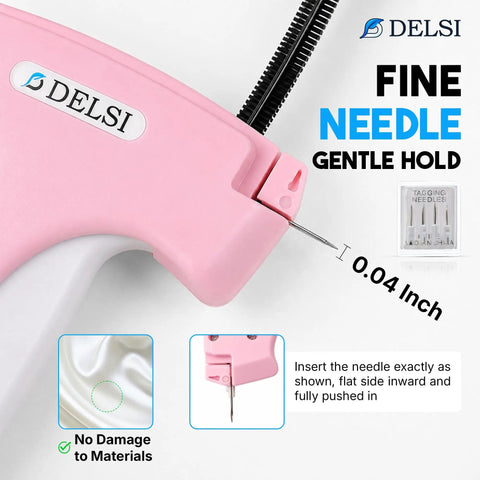 Plug And Play Tagging Machine For Clothing Merchants Loaded With Four Thousand Heavy Duty Fasteners Six Durable Needles Plus Bonus Silicone Anchors For Hanging Price Tags On Every Garment Without Any Complicated Setup Or Fuss showing fine needle and gentle hold in light pink color.