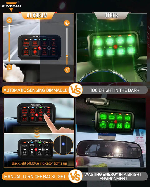 Comparison of Beefed-Up 8 Gang Toggle Switch Panel With RGB Backlit vs green-lit switch panel highlighting dimming features.