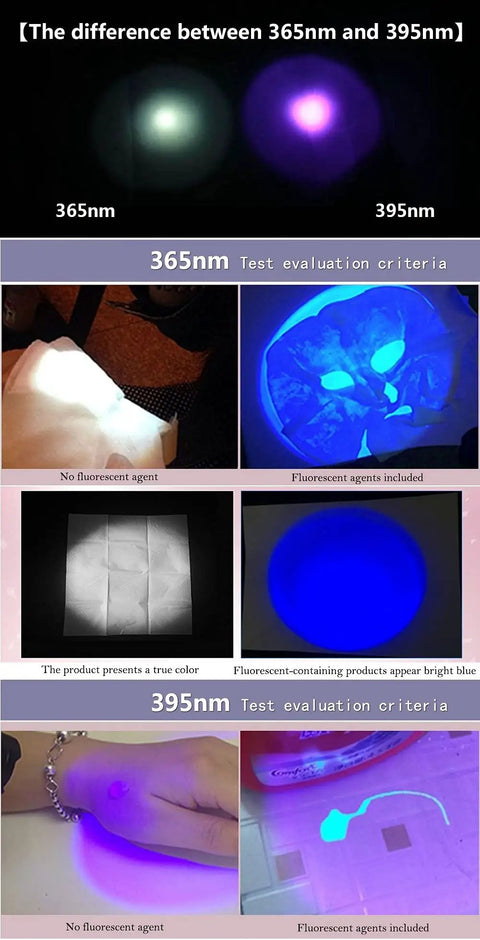 Comparison of 365Nm And 395Nm Ultraviolet Flashlight for detecting dog urine and pet stains, highlighting different effects on surfaces.