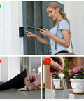 Woman using digital keypad on Outdoor Key Lock Box with IP66 waterproof safe, alternatives shown include keys under doormat and flower pot.