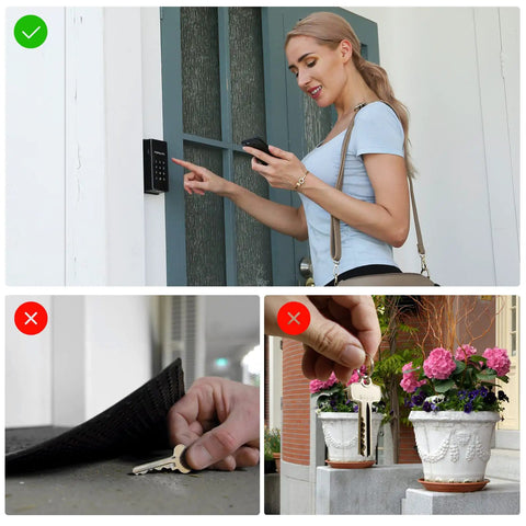 Woman using digital keypad on Outdoor Key Lock Box with IP66 waterproof safe, alternatives shown include keys under doormat and flower pot.