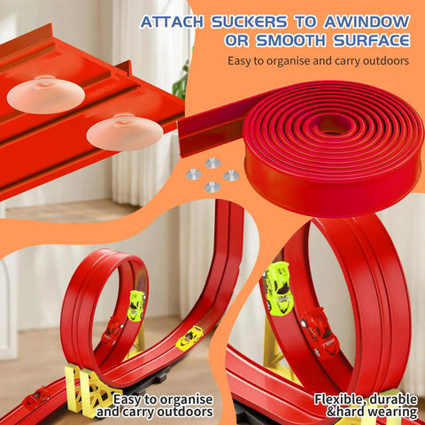 Build Anywhere Portable Race Track With Suction Cups 20 Foot Flexible Roll Up Track for 1:64 Scale Cars shown unrolled and coiled.