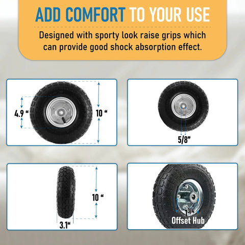 Image of All Purpose 10 Inch Pneumatic Tire And Wheel Set For Cart Dolly Hand Truck Generator Lawn Mower Garden Wagon 4.10 By 3.50 By 4 Size Five Eighth Inch Axle Bore Double Sealed Bearings Four Pack with detailed measurements and offset hub design.