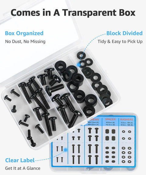 Pro No Sweat Top Shelf Universal TV Mounting Hardware Screw Kit With M4 M6 M8 Bolts organized in a clear box with labeled compartments.