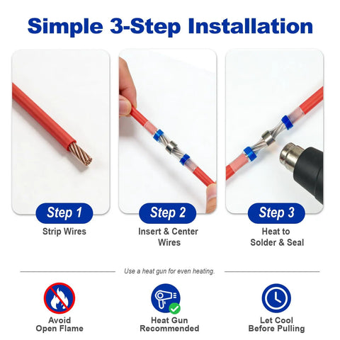 Step-by-step installation of 120-Piece Heat Shrink Solder Seal Wire Connectors Kit With Color-Coded 4 Size Set, Waterproof Butt Splice Connectors
