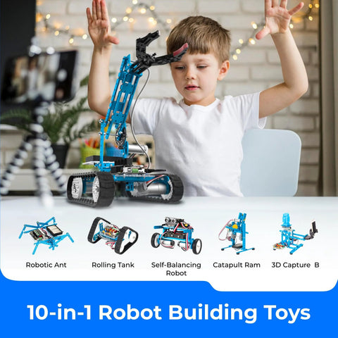 Makeblock mBot Ultimate 10-in-1 robotics kit in blue; child assembles modular programmable robot on table
