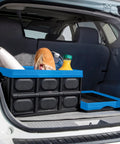 Heavy Duty Collapsible Storage Bin With 12 Gallon Capacity And Built In File Organizer Rails For Home Office Garage Car Trunk Folding Plastic Tote With Easy Grip Handles Black Blue in car trunk with groceries.