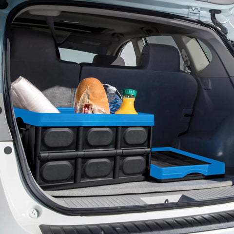 Heavy Duty Collapsible Storage Bin With 12 Gallon Capacity And Built In File Organizer Rails For Home Office Garage Car Trunk Folding Plastic Tote With Easy Grip Handles Black Blue in car trunk with groceries.