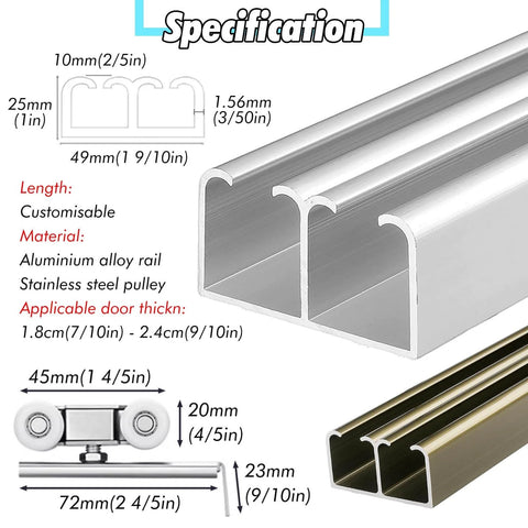 Specification of Bypass Double Sliding Pocket Door Hardware Kit For Wardrobe And Closet with aluminum rail and pulley details.