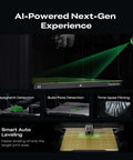 Dope Multicolor 3D Printer K2 Combo A showcasing AI camera auto leveling and detection features with green laser grid on build plate.