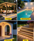 Warm White COB LED Strip Light 6.56Ft 3000K lighting pergola, pool, porch, and deck, showcasing flexible rope, IP67 waterproof.