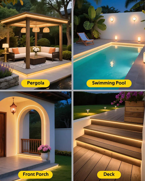 Warm White COB LED Strip Light 6.56Ft 3000K lighting pergola, pool, porch, and deck, showcasing flexible rope, IP67 waterproof.
