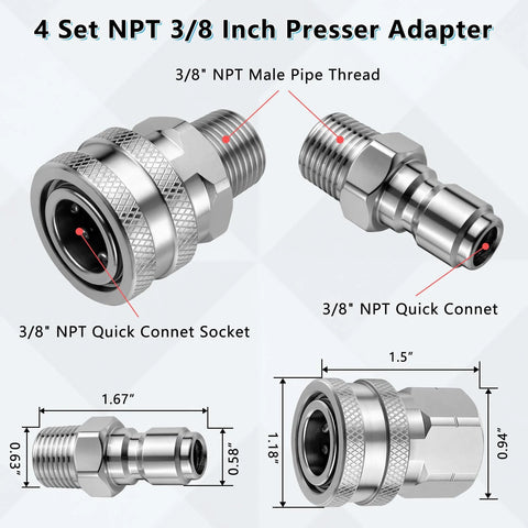 Senlinyu 3/8-inch stainless steel pressure washer quick-connect adapters set, 4-piece NPT male/female fittings