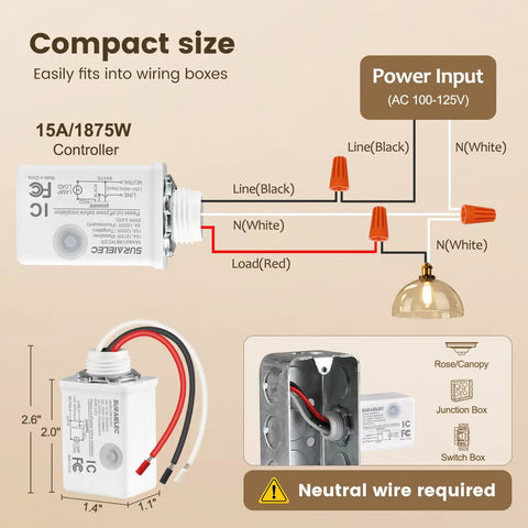 Wiring diagram for Wireless Light Switch And Receiver Kit showing setup with controller and neutral wire requirement.