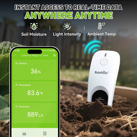 All In One App Remote Monitoring WiFi Soil Meter For Plants With Moisture Temperature And Light Sensors IP66 Waterproof Wireless Sensor For Indoor And Outdoor Use Custom Alerts Hub Required shown in garden with smartphone app