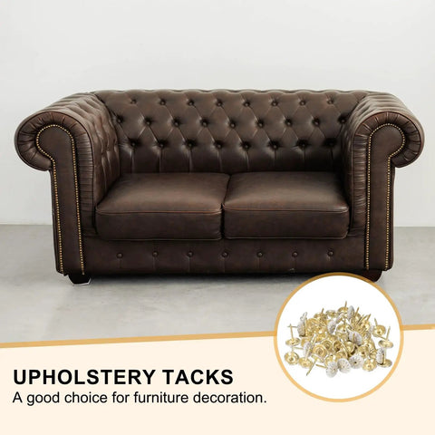 Fifty Pack Vintage Flower Head Upholstery Tacks Iron Metal Furniture Repair Nails decorative craft supplies with couch.