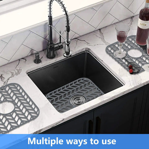 Silicone Sink Protector Mat for Kitchen Sink Grid With Raised Feet Non Slip Cushion Keeps Dishes Safe, shown in gray.