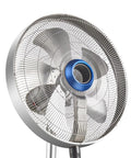 Badass Industrial Floor Fan Packed With Serious Airflow And Quick Cooling Mist Spray For Yard Or Warehouse Jobs, close-up view of blades and motor.