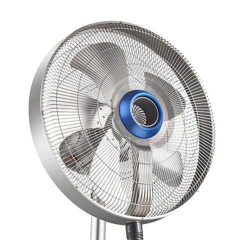 Badass Industrial Floor Fan Packed With Serious Airflow And Quick Cooling Mist Spray For Yard Or Warehouse Jobs, close-up view of blades and motor.