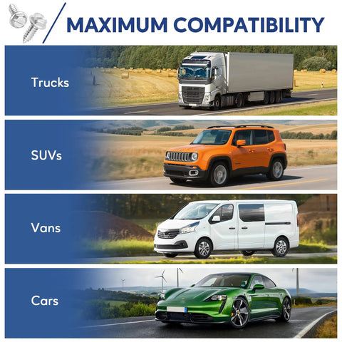 Image showing trucks, SUVs, vans, and cars to illustrate maximum compatibility for 8 Pack License Plate Screws Set Stainless Steel Rustproof Bolts With Slotted Hex Heads For Cars Includes Screwdriver And Durable License Plate Fasteners For Secure Mounting On Most Vehicles.