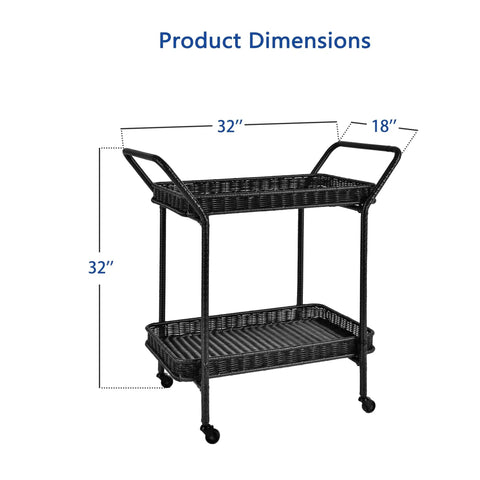 All Weather Wicker Patio Serving Cart For Outdoor Entertaining Black Steel Frame With Easy Assembly And Wipe Clean Resin Wicker 32 Inch Wide 18 Inch Deep 32 Inch High Bar Cart For Hosting The Crew And Family, dimensions visible