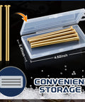 6 Pack Door Hinge Pins 3.5 Inch Legit Oil Rubbed Bronze And Gold Heavy Duty Stainless Steel in storage case with dimensions.