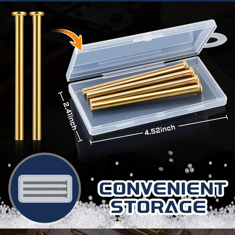 6 Pack Door Hinge Pins 3.5 Inch Legit Oil Rubbed Bronze And Gold Heavy Duty Stainless Steel in storage case with dimensions.