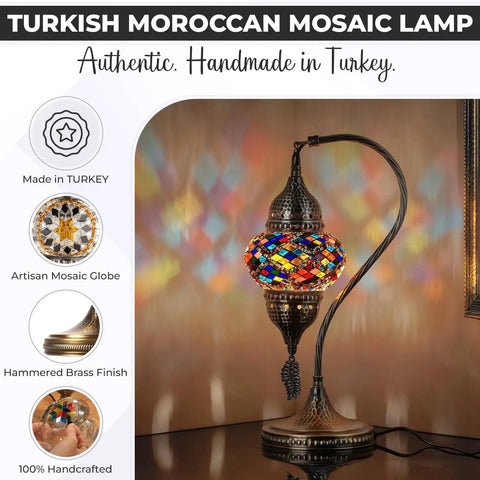 Totally Handmade Turkish Moroccan Swan Neck Tiffany Style Mosaic Glass Table Lamp With Colorful Hand Cut Glass Globes For Bedroom Living Room Desk And Bedside Lighting Made In Turkey shown with colorful light patterns on wall