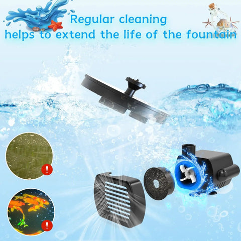 Close-up of Solar Water Fountain For Bird Bath And Pond, Upgraded 6 Nozzles System components underwater with cleaning emphasis.