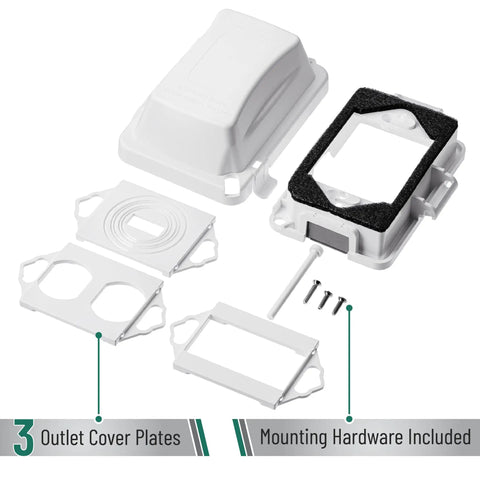 Outdoor Weatherproof 1 Gang Electrical Outlet Cover Plug In 120V AC Durable White Plastic with three cover plates and hardware