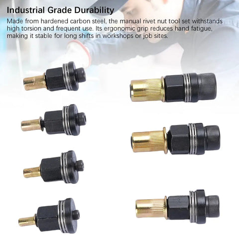 Ultimate Hand Rivet Nut Tool Kit For Furniture And Cars With M3 To M10 Sizes, Hardened Carbon Steel Build For Thin Sheet Metal Jobs, Heavy Duty Industrial Work, And Thick Pipe Projects Featuring A Convenient 7-Size Storage Box., M3-M10 rivet nut tool inserts, hardened carbon steel