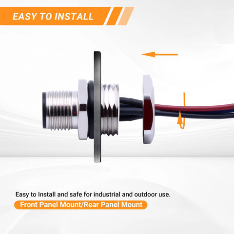 Side view of M12 4 Pin Aviation Connector Cable 0.2m Waterproof IP67 Straight Male Back Mount Wireable Plug with metal shell.