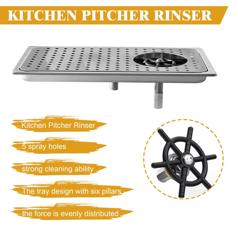 Automatic Pitcher Rinser and Bar Glass Rinser for Bar and Kitchen, silver tray with spray holes and six pillars