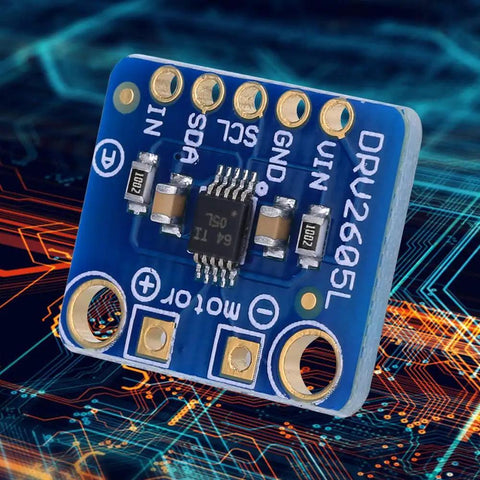 Close-up view of DRV2605L module, part of Two Pack Haptic Motor Controller Driver Module With General Pin Interface for precise vibration