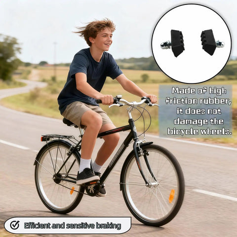 Boy riding bike with All Weather Road Bike Caliper Brake Pads 4 Piece Set, focus on efficient braking and rubber material.