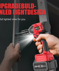Heavy Duty Cordless Impact Wrench One Half Inch Brushless Motor Handles Rusted Bolts No Sweat Generates 320 Ft Lbs Torque With Dual 4 Ah Batteries And Quick Charger For Auto And Diy Upgrades, shown in use with LED light.