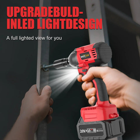 Heavy Duty Cordless Impact Wrench One Half Inch Brushless Motor Handles Rusted Bolts No Sweat Generates 320 Ft Lbs Torque With Dual 4 Ah Batteries And Quick Charger For Auto And Diy Upgrades, shown in use with LED light.