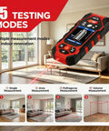 Rugged Seven In One Wall Scanner Stud Finder With Integrated Laser Distance Meter displaying 15 testing modes in a modern living room.