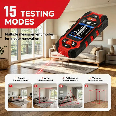 Rugged Seven In One Wall Scanner Stud Finder With Integrated Laser Distance Meter displaying 15 testing modes in a modern living room.