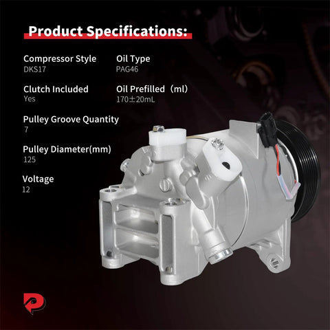 AC Compressor With Clutch For Nissan Maxima Murano Pathfinder Quest And Infiniti JX35 QX60 2008 To 2015 Road Ready showing specifications and design.