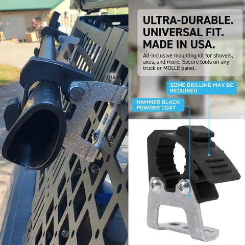 Ride Ready Aluminum Molle Panel Mounts With Quick Fist Clamps Lock In Gear For Add Offroad And Dv8 Rack Shovels Axes Trail Tools Cnc Machined Organizer Bracket mounted on vehicle with shovels.